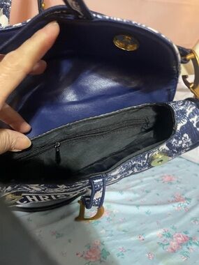 Floral Blue Saddle style, Crossbody Bag with gold Hardware with Wide Strap